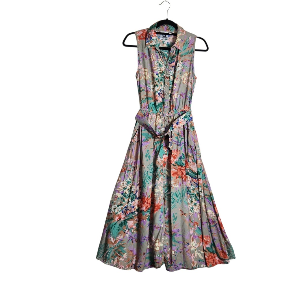 Together! Vintage Floral Rayon Sleeveless Midi Shirt Dress Belted Size 6